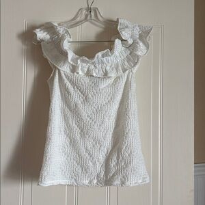 Maeve White Textured Ruffle Blouse, L